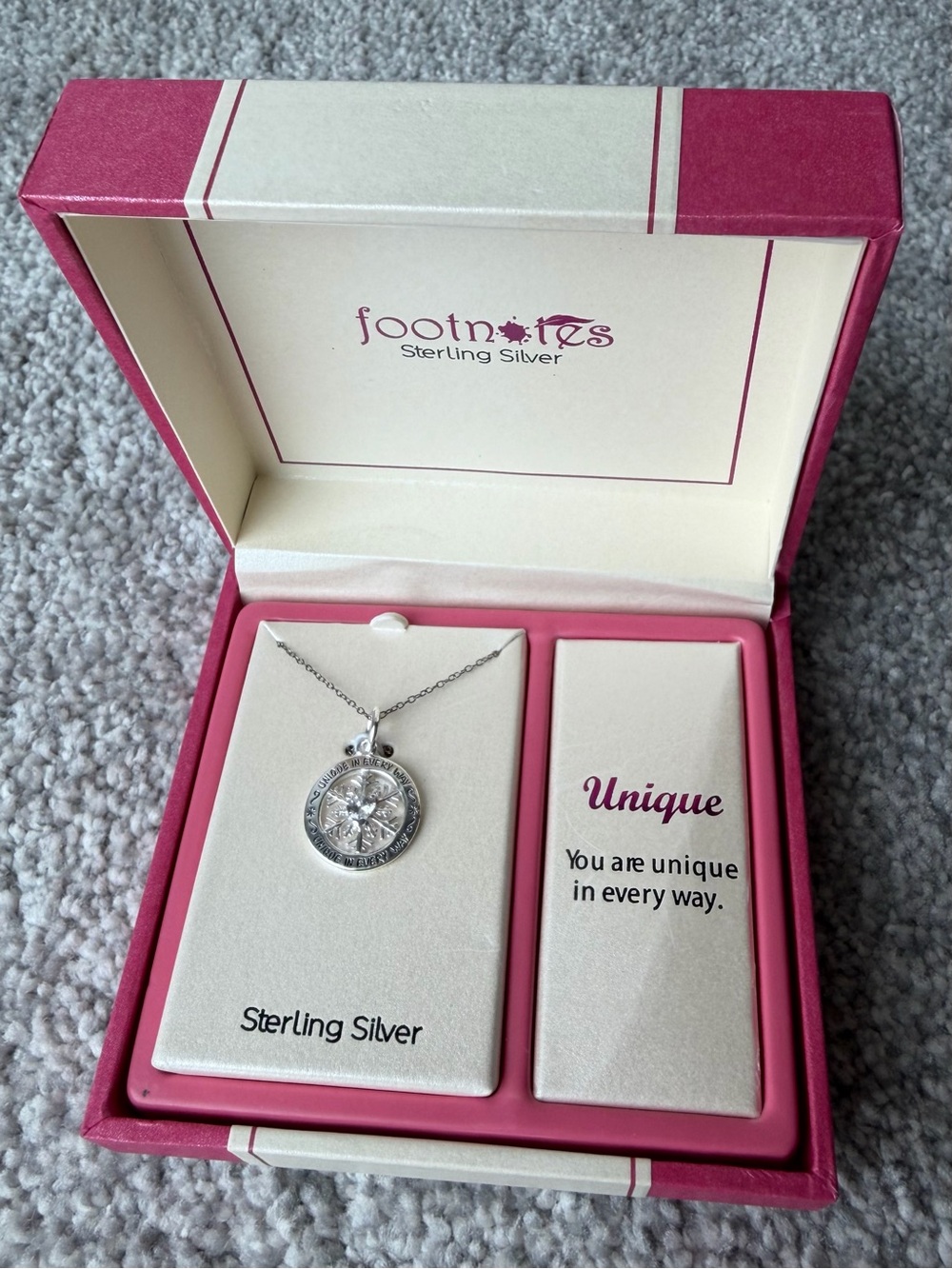 Footnotes Sterling Silver “Unique in Every Way” Pendant Necklace NIB Never Worn